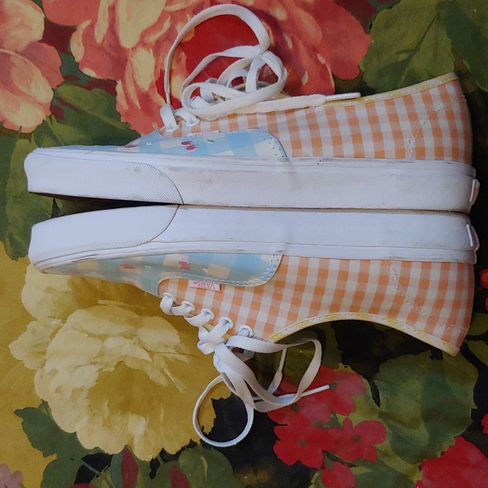 Like New Vans Gingham Embroidered Cherry, Women 12, Men 10.5 - Picture 9 of 11